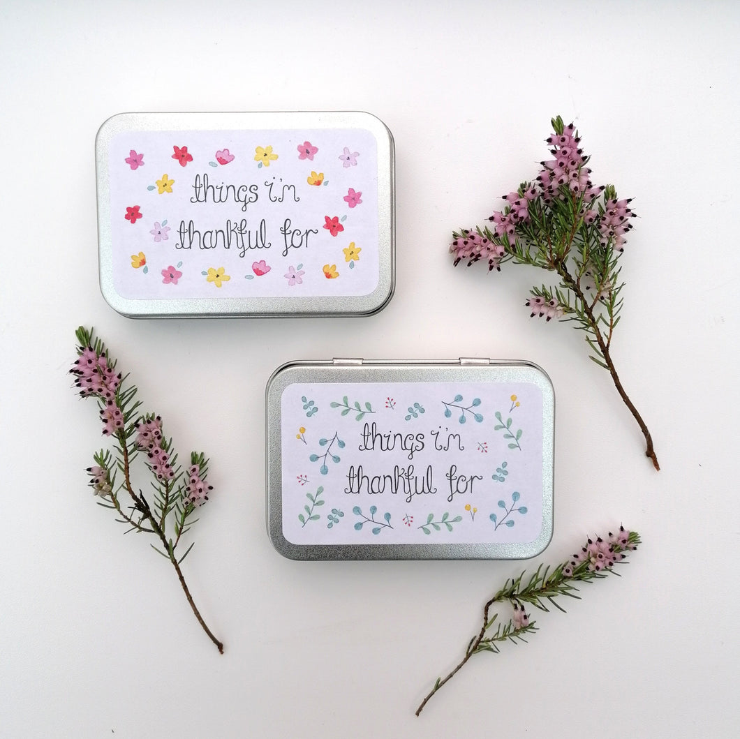 A gratitude tin, A fun box to fill with moments of gratitude or to use as a daily 'thing's I'm thankful for' box, comes with cards and a pen to fill in your gratitude