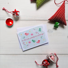 Load image into Gallery viewer, It&#39;s the most wonderful time of the year watercolour illustration christmas card with green background and christmas illustrations surrounding the words such as stockings, baubles, gifts and candy canes