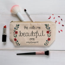 Load image into Gallery viewer, A pretty Bible verse makeup bag with the words, &#39;He calls me beautiful one&#39; surrounded by watercolour flowers