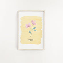 Load image into Gallery viewer, A lovely wall print with a watercolour yellow background with the word hope lettered beneath a pink flower. A dainty and elegant print to add to your home.
