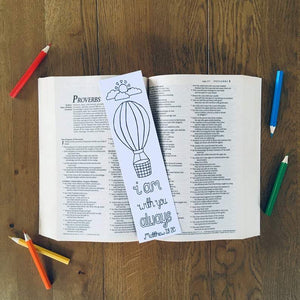 Bible Verse colouring Bookmark with hot air balloon illustration with verse from Matthew 28:20