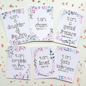 Identity affirming Bible verse mini print set. These beautifully affirming prints would make a sweet addition to your home as well the perfect gift idea to share with loved ones to encourage them on a special occasion.