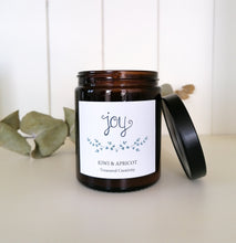 Load image into Gallery viewer, kiwi and apricot soy candle in recycled amber glass jar