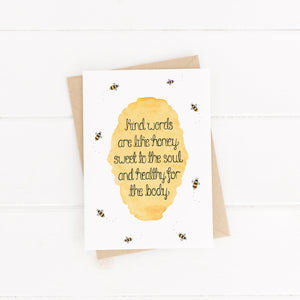 A fun bumble bee greeting card with words from Proverbs 16, 'kind words are like honey, sweet to the soul and healthy for the body' and a sweet design of honey painted behind the words and bees buzzing around the verse.
