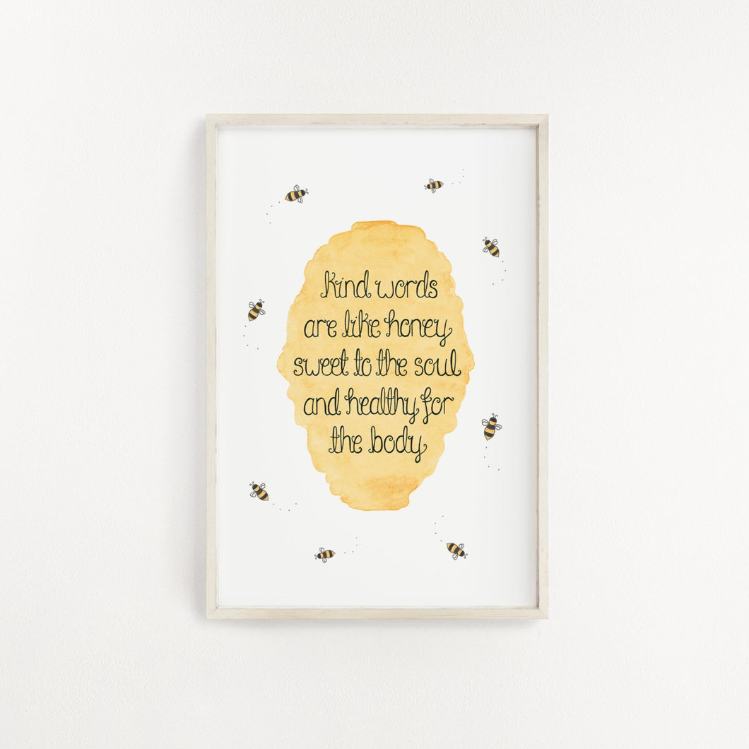 A unique wall print inspired by Proverbs 16:24, with bumble bees and honey surrounding the uplifting Bible verse.