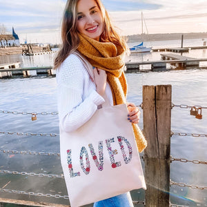 treasured creativity tote bag with the word loved painted with flowers, perfect gift for her and for teen girls