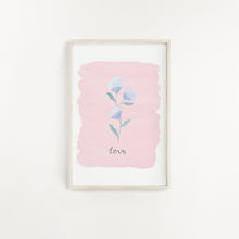 Load image into Gallery viewer, A striking wall print of a purple flower with the word Love lettered beneath and a complimentary pale pink background. A sweet addition to add to your home.
