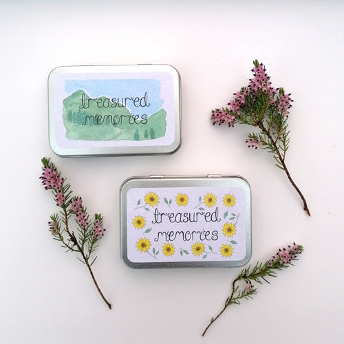 Treasured Memory, memory boxes. A sweet box to fill with your favourite moments with loved ones, travels, or milestones you've reached. With a sunflower or mountain design to choose from