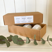 Load image into Gallery viewer, stunning fruity and floral scented soy candle set which comes in a recycled kraft box