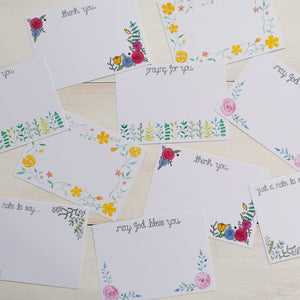 Mix and match set of notecards with words such as thank you, praying for you, just a note to say, all with floral watercolour illustrations. A set of 10 notecards, with envelopes to accompany.