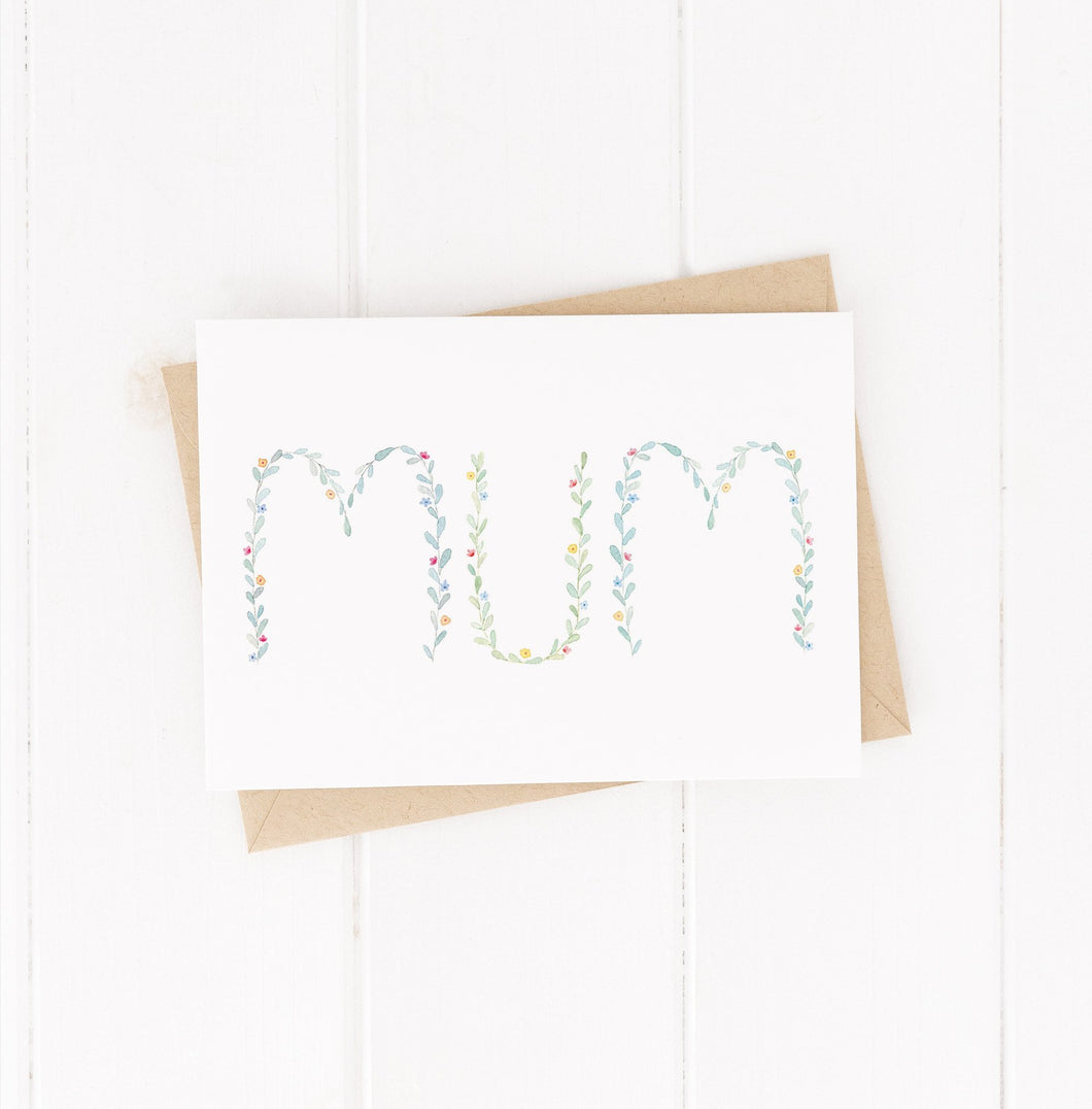 Dainty leaf design card spelling out the word mum in watercolour. The perfect card for Mother's Day, mums birthday or to write mum a loving message.