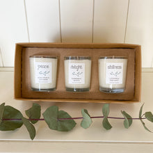 Load image into Gallery viewer, stunning soy candle gift set with scents including Aloe, Straw &amp; Cucumber, Raspberry &amp; Quince, and Lavender &amp; Bergamot.