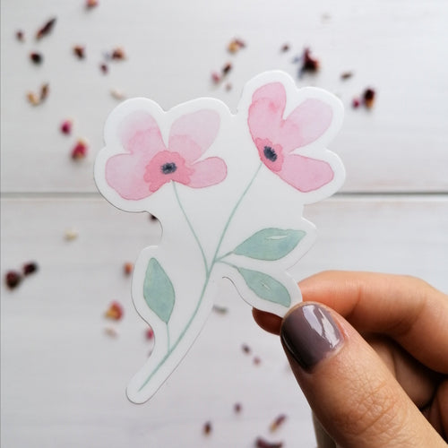 hand illustrated pink flower vinyl sticker to place on your laptop, water bottle or mirror