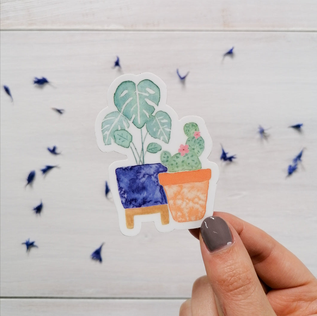 A house plant illustration sticker with a fun little monstera plant and cactus hand painted design. 