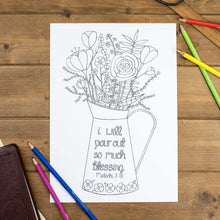 Load image into Gallery viewer, adults colouring page with jug of flowers and the bible verse &#39;I will pour out so much blessing&#39; from malachi 3:10