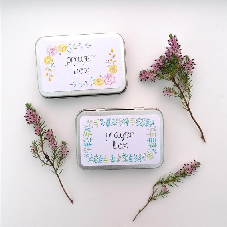 Prayer boxes, a place to write your prayers, keep them safe, and look back over to see when and how God answers them. Two box designs available, floral design or a leaf design