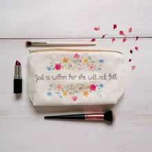 Load image into Gallery viewer, Psalm 46:5 makeup bag with the words, god is within her she will not fall, with a vibrant floral design surrounding the bible verse