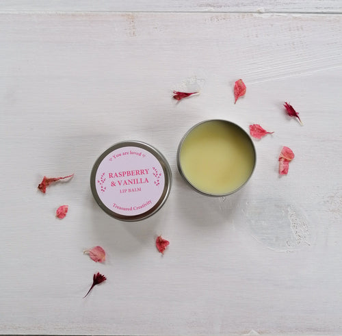 raspberry and vanilla organic lip balm by treasured creativity