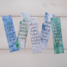 Load image into Gallery viewer, christian bible verse bookmark set with uplifting bible verses painted with blue and green watercolour paints