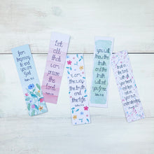 Load image into Gallery viewer, set of 5 watercolour scripture bookmarks with floral illustrationsset of 5 watercolour scripture bookmarks with floral illustrations