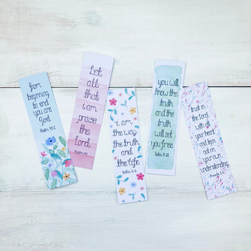 set of 5 watercolour scripture bookmarks with floral illustrationsset of 5 watercolour scripture bookmarks with floral illustrations