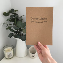 Load image into Gallery viewer, A handy journal with the words, &#39;Sermon Notes&#39; and a dainty leaf design beneath to take notes in Church or while listening to your favourite podcast.