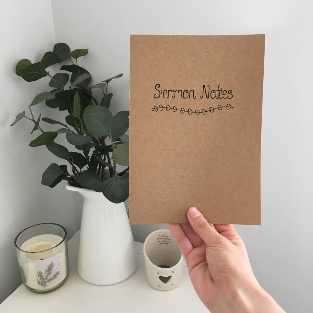 A handy journal with the words, 'Sermon Notes' and a dainty leaf design beneath to take notes in Church or while listening to your favourite podcast.