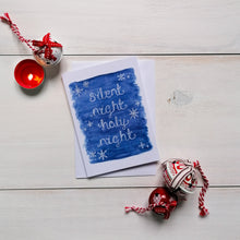 Load image into Gallery viewer, Silent night holy night christmas carol christmas card with snowflake design surrounding the words