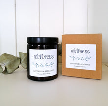 Load image into Gallery viewer, stillness soy candle with a lavender and bergamot scent with a kraft box