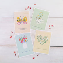 Load image into Gallery viewer, Beautiful watercolour postcards with uplifting bible verses written beneath stunning illustrations such as, butterflies, flowers and hearts.
