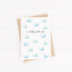 An underwater themed Valentines card with the pun 'I whaley like you' (I really like you) with a cute whale pattern surrounding the words. A funny card to share with your loved ones and bring a smile to their faces.